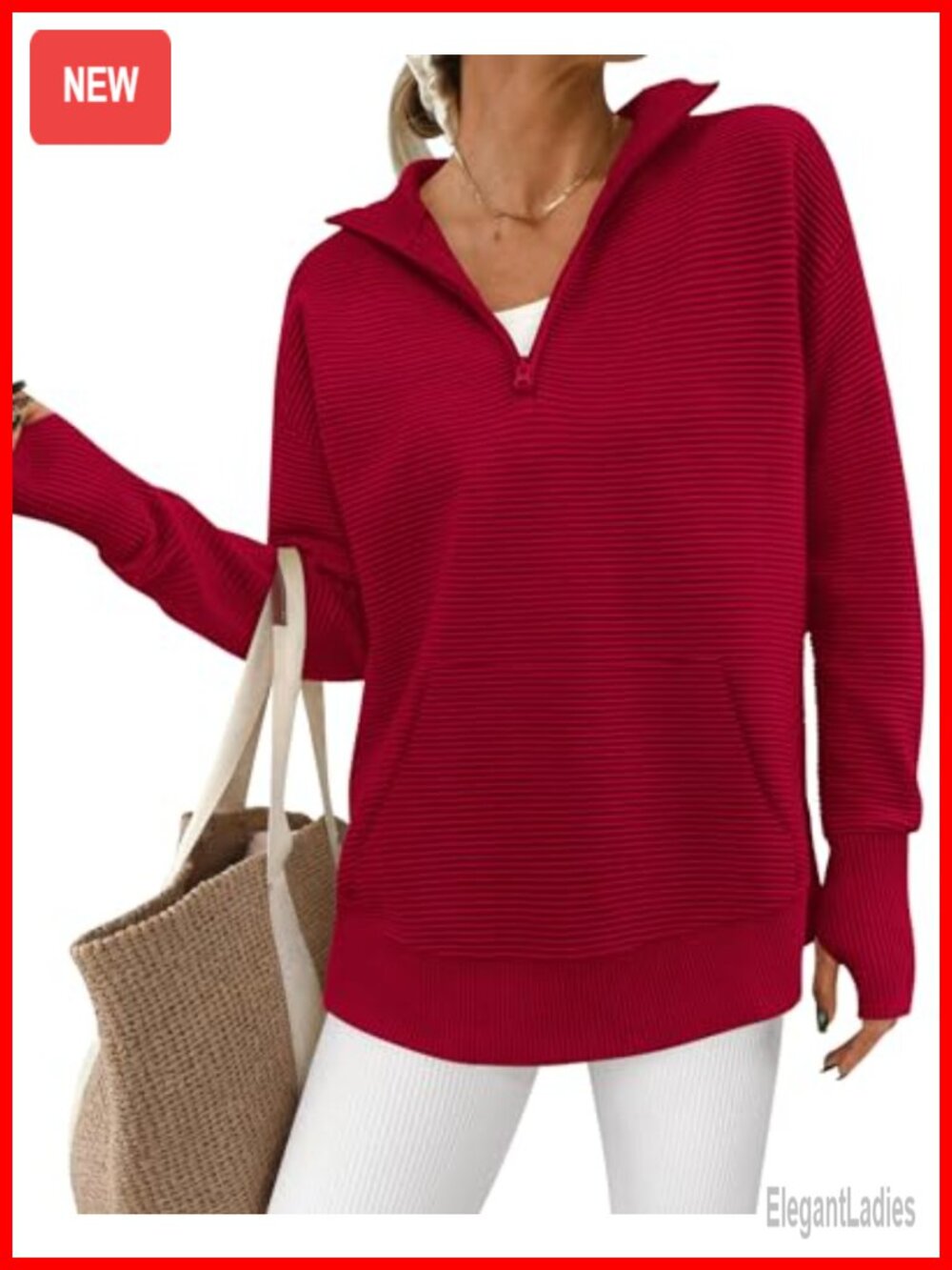 Quarter Zip Sweater Womens Ribbed Knit Long Sleeve Pullover with Thumb Hole